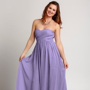 purple floor length strapless dress
